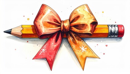 Watercolor illustration of a yellow pencil adorned with a festive orange and red bow.