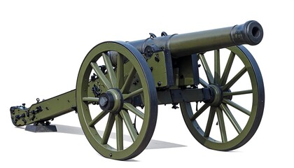 Green historical cannon on white. Ornate wheels & barrel face forward, showing weathered details of old war machine