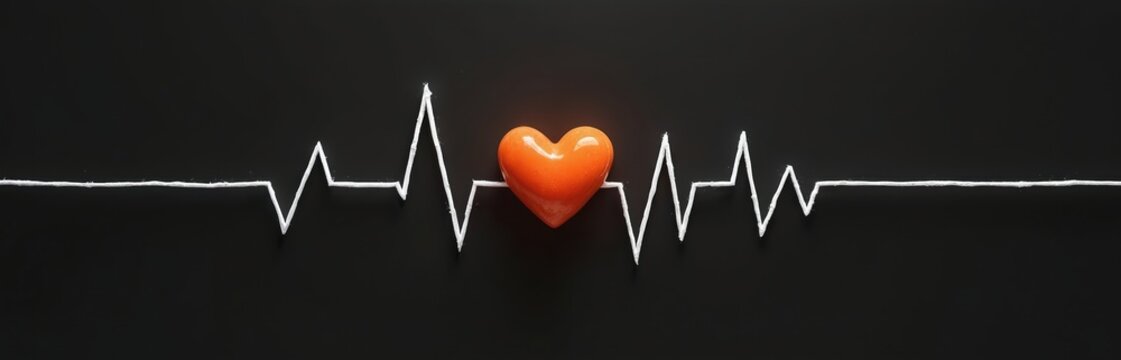 Shiny orange heart rests on white electrocardiogram line. Graphic illustration on black background. Health, life, love, representing medical wellness, strong pulse, vitality concept.