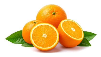 Group of vibrant oranges, one sliced, with green leaves, against a clean white backdrop