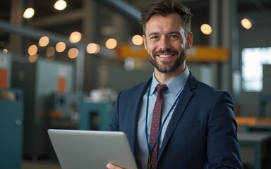 Smiling male business professional holding laptop while standing at steel mill. High quality