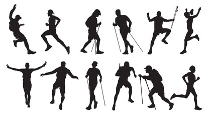 silhouettes of active hikers and trail runners in various