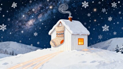 A chubby white cottage sits atop a snowy, tranquil hill, with the chimney emitting wisps of spiral smoke