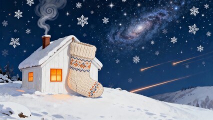 A chubby white cottage sits atop a snowy, tranquil hill, with the chimney emitting wisps of spiral smoke