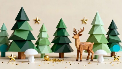 The main body includes several geometrically shaped Christmas trees (with deep green, dark green, gold, light green, etc.), wooden deer, and white.