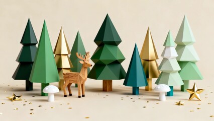 The main body includes several geometrically shaped Christmas trees (with deep green, dark green, gold, light green, etc.), wooden deer, and white.