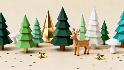 The main body includes several geometrically shaped Christmas trees (with deep green, dark green, gold, light green, etc.), wooden deer, and white.