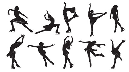 silhouettes of female figure skaters performing various