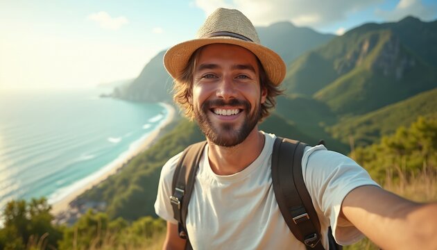 Smiling young man hiker takes happy selfie on mountain top. Wears stylish straw hat, backpack. Guy enjoys breathtaking ocean beach view with bright turquoise water, vibrant green hills in distance. - Powered by Adobe