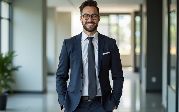 Male business professional walking in office. High quality