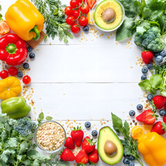 fresh vegetables on the table, A top-view composition of fresh healthy foods arranged aesthetically.
