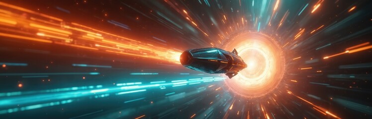 Fototapeta premium Futuristic time travel machine travels through space and time. Illustration shows a spaceship entering a portal tunnel with light speed effects. Sci-fi concept of the future with a vehicle.