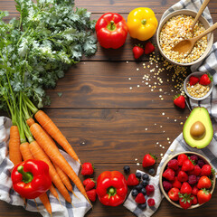 A top-view composition of fresh healthy foods arranged aesthetically.