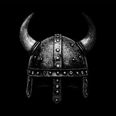 classic Viking helmet with prominent curved horns, metal rivets, and rugged texture. Rendered in a vintage engraving style, the artwork highlights the helmet’s bold.
