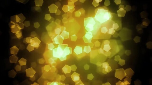Golden geometric pentagon bokeh light particles flying up abstract motion background seamless loop
