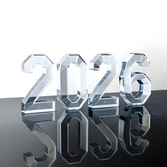 A clean crystal-style New Year 2026 design with transparent glass typography.