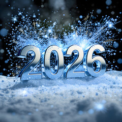 A cool-toned New Year 2026 design featuring silver glitter and icy light effects.
