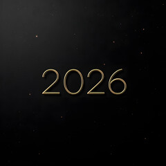 A minimalist black-and-gold outline typography design for New Year 2026.
