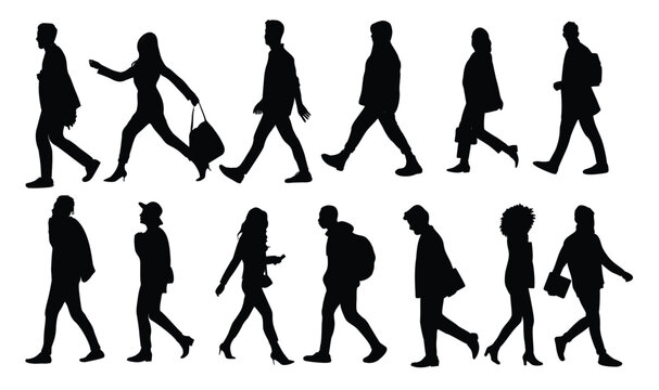 silhouettes of various people walking side view
