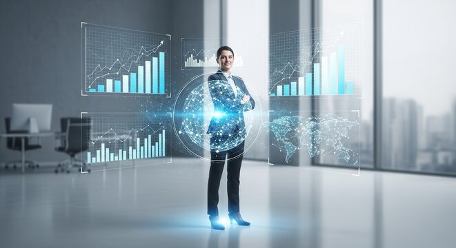 Corporate Leader Examining Futuristic Data Projections in Modern Office Environment