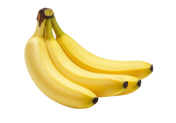 A fresh bunch of bright yellow ripe bananas with slight brown tips, connected by dark brown stems, against a transparent background with copy space, concept for healthy food advertising