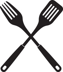 Black silhouette of a fork and a slotted spatula crossed on a white background