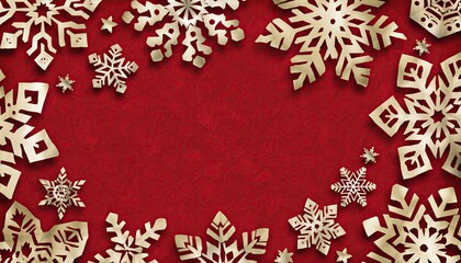 Golden snowflake decorations frame a vibrant red background for winter holidays.