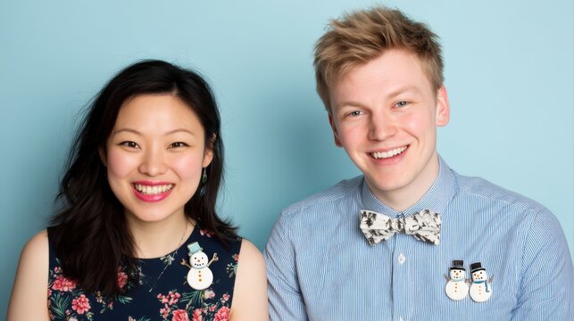 A cheerful couple poses against a light blue background, both wearing festive accessories, smiling brightly, Asian office girls and boys on Christmas banner