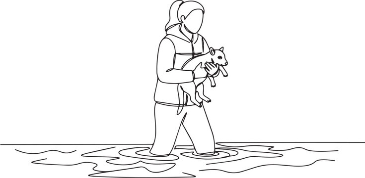 Woman Rescuing a Rodent from Floodwaters in Single Continuous Li