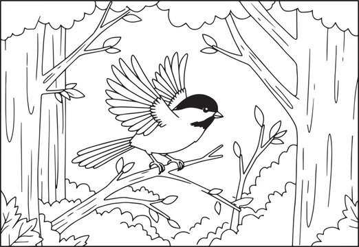 Black-capped chickadee bird in a forest coloring page for relaxa