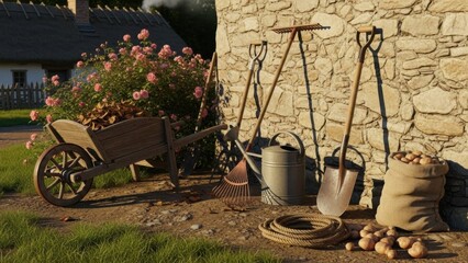 Traditional Garden Tools and Freshly Harvested Potatoes