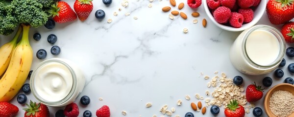 Overhead photo of healthy smoothie ingredients arranged on marble. Berries fruits yogurt nuts seeds and milk around copy space. Vegan diet food concept.