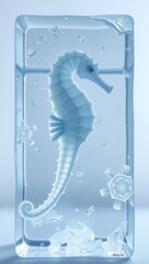 A seahorse encased in a block of ice, creating a captivating and surreal underwater scene with frozen bubbles