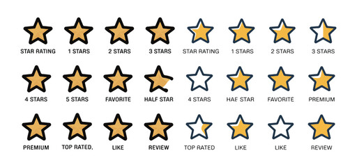 Star rating icon set. Customer review product or service premium quality rank. Golden favorite half heart