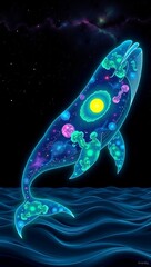A cosmic whale swims in the dark ocean under a starry sky, its body filled with galaxies and nebulae