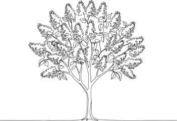 Elegant one-line drawing of a blossoming lilac tree against a wh