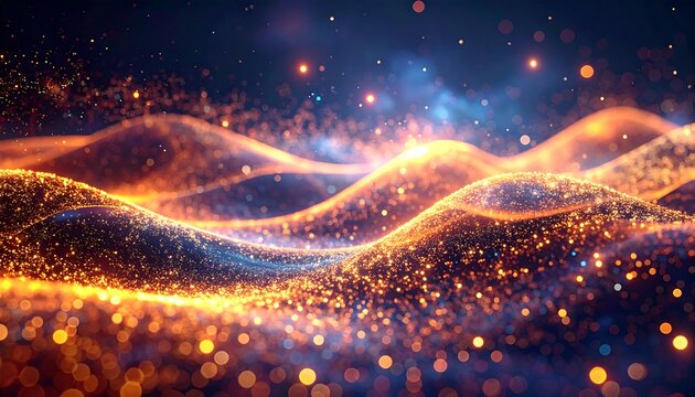 Golden waves of shimmering light over a blue backdrop, with glowing particles floating above - Powered by Adobe