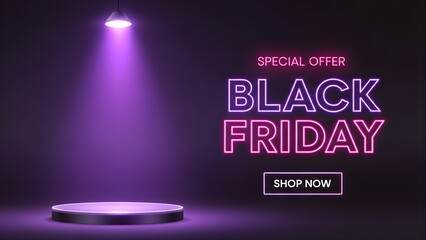 Black Friday neon sign with spotlight on podium special offer promotion marketing campaign for retail sales isolated on white background