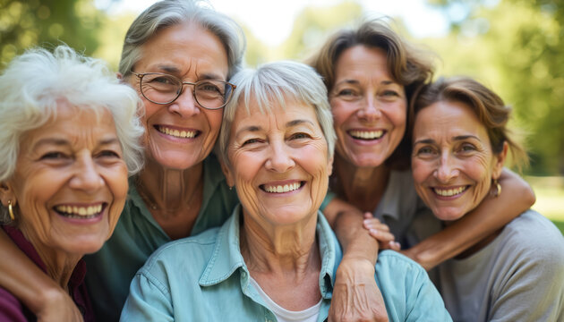 Group senior women smiling. Happy females friends hug. Diverse ladies enjoy outdoors in park on sunny day. Portrait of joyful mature women together. Bond between old friends enjoying retirement.