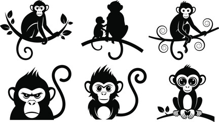 Monkey Silhouette Vector Set, Baby Monkey on Branch, Primate Collection Icons, Wild Animal Black Pictogram, Ape Face and Family Design Elements © MdHasan