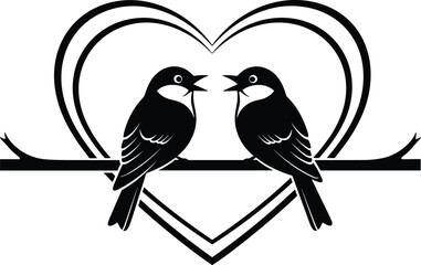 Lovebirds Couple on Branch with Heart Vector Silhouette, Romantic Songbird Black Icon, Wedding Anniversary Valentine’s Day Graphic, Relationship Symbol Design