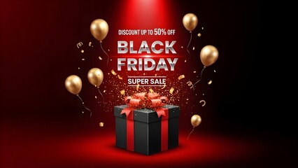 Fototapeta premium Black Friday super sale advertisement featuring a gift box gold balloons and confetti on a red background perfect for promotional marketing campaigns isolated on white
