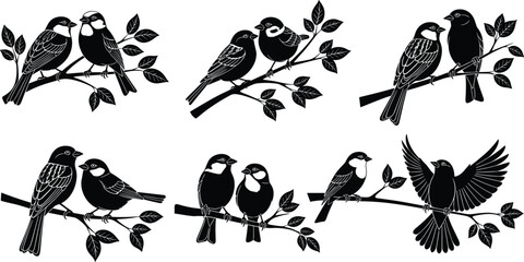 Sparrow Birds on Branch Silhouette Vector Set, Songbird Couple Icons, Love and Nature Black Pictogram, Wildlife Collection Graphic Resources