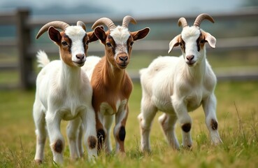 Obraz premium Three young baby goats with small horns stand together in green farm pasture. Two white, one brown goat kid look directly at camera. Cute domestic farm animals grazing outdoors on sunny day,