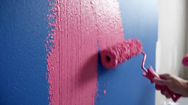 Painting wall with pink color roller brush close up