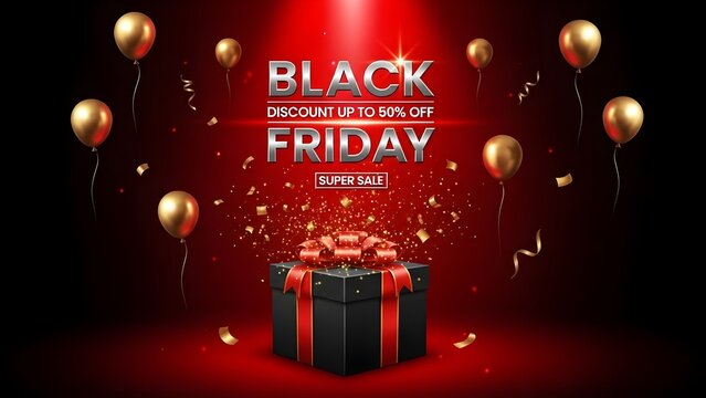 Black Friday sale design with gift box and balloons discount promotion for online shopping vector illustration for advertising isolated on white background - Powered by Adobe