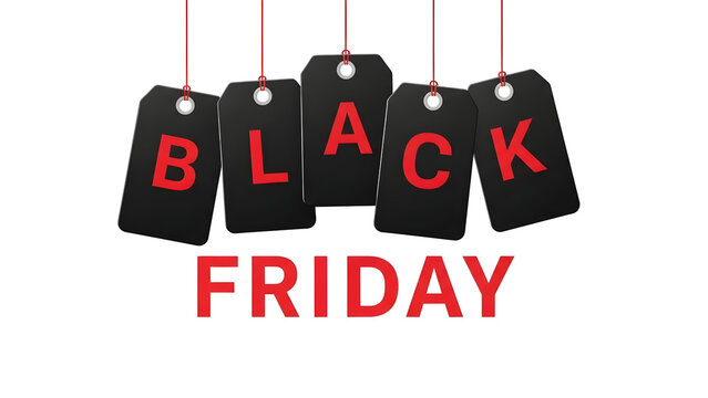 Black Friday sale tags hanging with bold red text perfect for advertising campaigns and promotional materials isolated on white background - Powered by Adobe