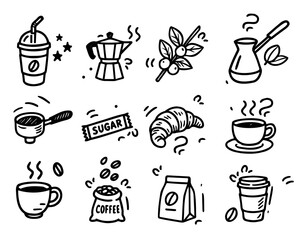 Hand-drawn coffee shop. doodle set with coffee makers, beans, cups, desserts. for café branding, stickers, menus