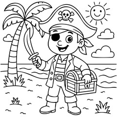 Coloring page of a pirate boy. Vector Cartoon for children with treasures.