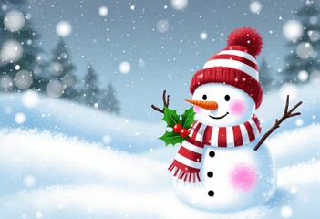 Obraz premium Cheerful snowman with red scarf in a snowy winter landscape